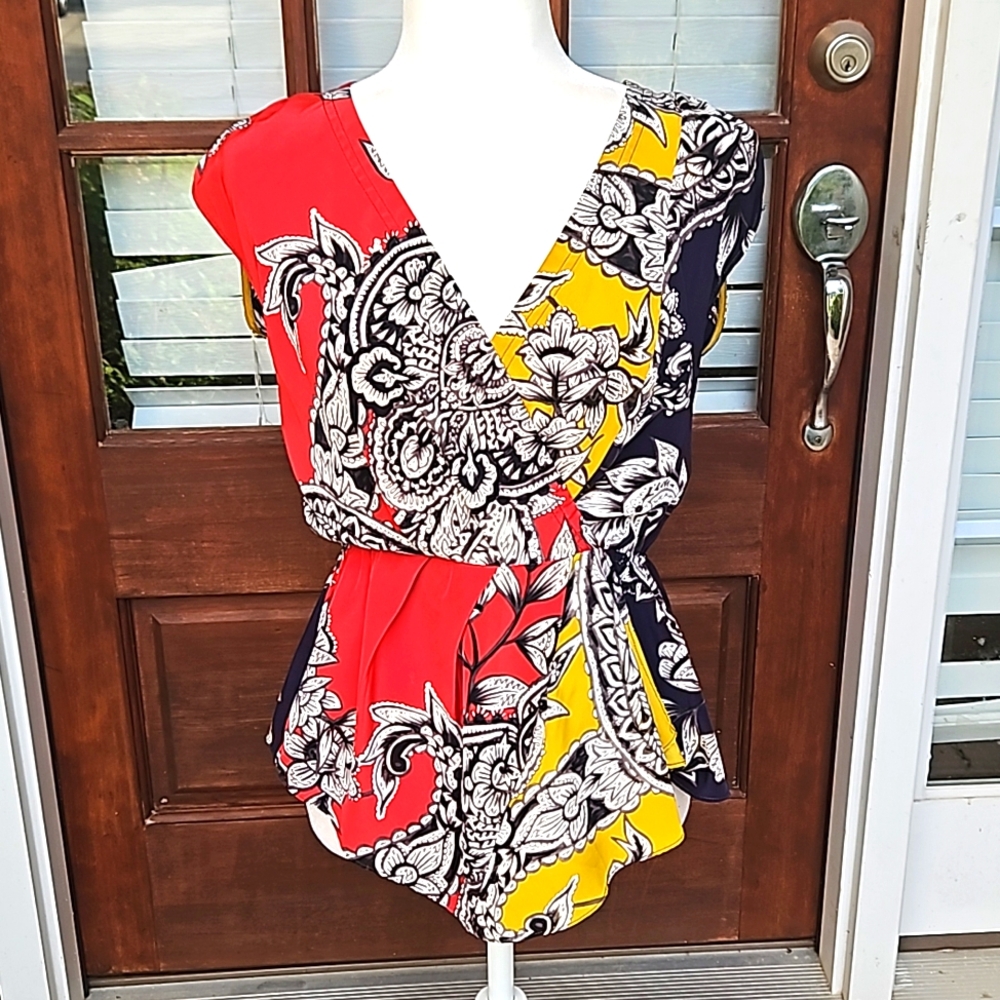 Baraschi Colorful Print Sleeveless Peplum Blouse